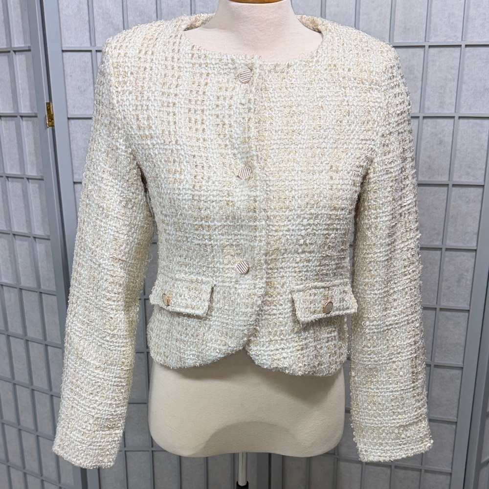 Xintianji, Chic Cream Tweed Women's Blazer, Size Small